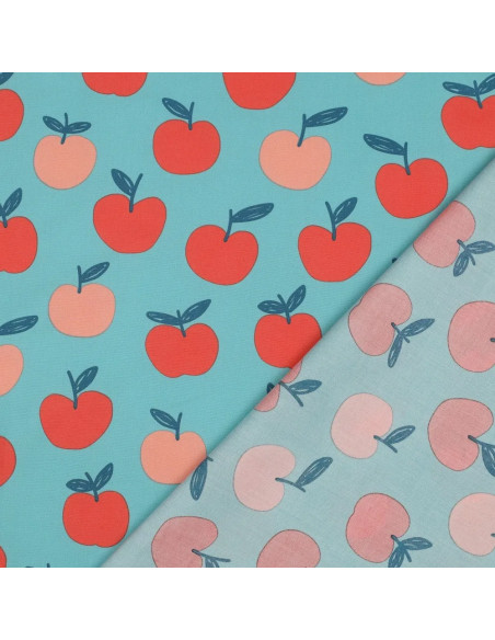 Tissu, Popeline de Coton Pommes Orange sur Turquoise, Turquoise & Orange, Laize 150 cm, 100% Coton 110g/m²