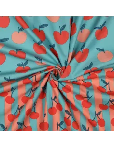 Tissu, Popeline de Coton Cerises Rayées, Orange et Turquoise, Laize 150 cm, 100% Coton 110g/m² 2