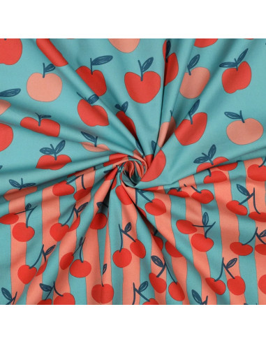 Tissu, Popeline de Coton Cerises Rayées, Orange et Turquoise, Laize 150 cm, 100% Coton 110g/m²