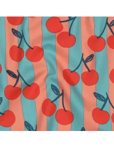 Tissu, Popeline de Coton Cerises Rayées, Orange et Turquoise, Laize 150 cm, 100% Coton 110g/m²