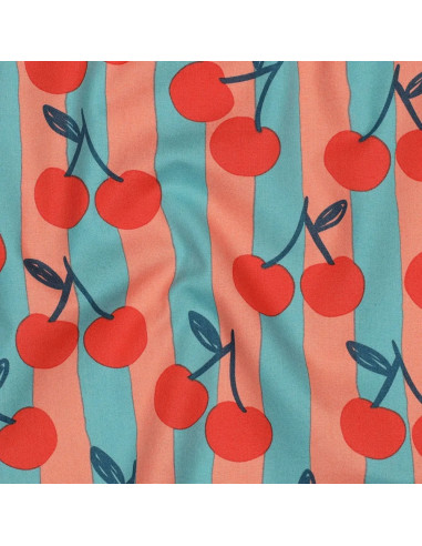 Tissu, Popeline de Coton Cerises Rayées, Orange et Turquoise, Laize 150 cm, 100% Coton 110g/m²