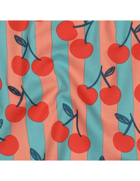 Tissu, Popeline de Coton Cerises Rayées, Orange et Turquoise, Laize 150 cm, 100% Coton 110g/m²