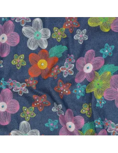 Tissu, Chambray de Coton Fleuri, Bleu Chiné Multicolore, Laize 145 cm, 100% Coton 125g/m²