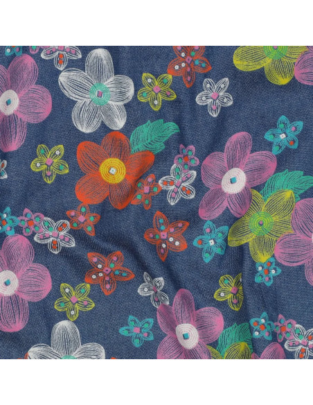 Tissu, Chambray de Coton Fleuri, Bleu Chiné Multicolore, Laize 145 cm, 100% Coton 125g/m²