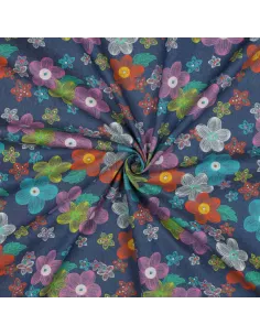 Tissu, Chambray de Coton Fleuri, Bleu Chiné Multicolore, Laize 145 cm, 100% Coton 125g/m² 2