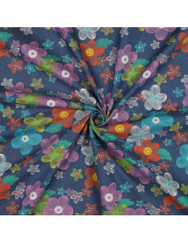 Tissu, Chambray de Coton Fleuri, Bleu Chiné Multicolore, Laize 145 cm, 100% Coton 125g/m²