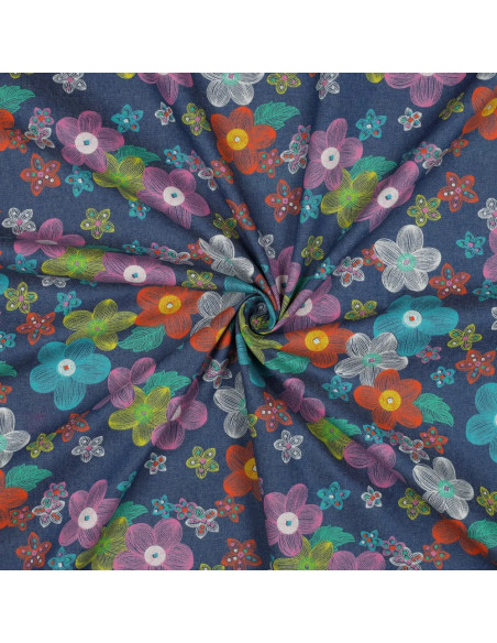 Tissu, Chambray de Coton Fleuri, Bleu Chiné Multicolore, Laize 145 cm, 100% Coton 125g/m²