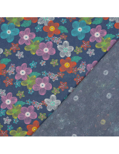 Tissu, Chambray de Coton Fleuri, Bleu Chiné Multicolore, Laize 145 cm, 100% Coton 125g/m²