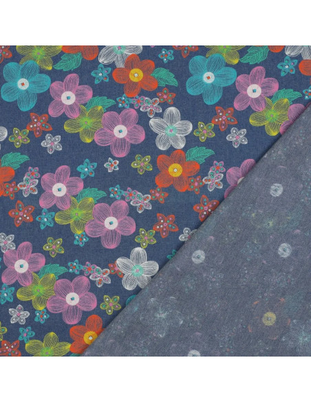 Tissu, Chambray de Coton Fleuri, Bleu Chiné Multicolore, Laize 145 cm, 100% Coton 125g/m²