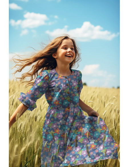 Coton chambray, fleurs colorées