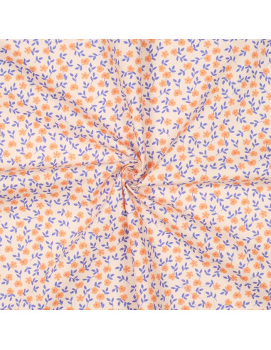 Tissu, Popeline de Coton Fleurie, Jaune Orange Bleu, Laize 150 cm, 100% Coton 135g/m²