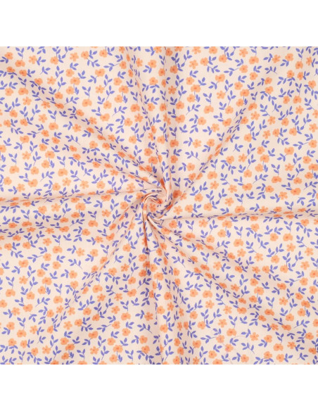 Tissu, Popeline de Coton Fleurie, Jaune Orange Bleu, Laize 150 cm, 100% Coton 135g/m²