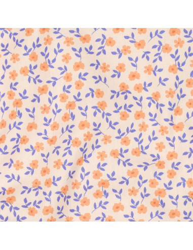 Tissu, Popeline de Coton Fleurie, Jaune Orange Bleu, Laize 150 cm, 100% Coton 135g/m²