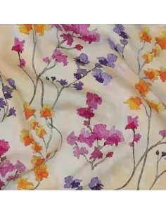 Tissu, Impression Digitale Fleurie, Roses Mauves Oranges sur Fond Jaune Clair, Laize 140 cm, 100% Viscose 110g/m²
