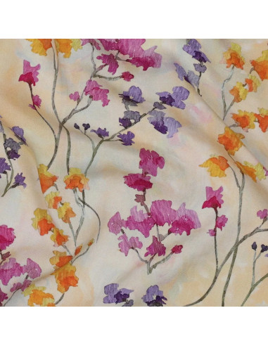 Tissu, Impression Digitale Fleurie, Roses Mauves Oranges sur Fond Jaune Clair, Laize 140 cm, 100% Viscose 110g/m²