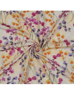 Tissu, Impression Digitale Fleurie, Roses Mauves Oranges sur Fond Jaune Clair, Laize 140 cm, 100% Viscose 110g/m² 2