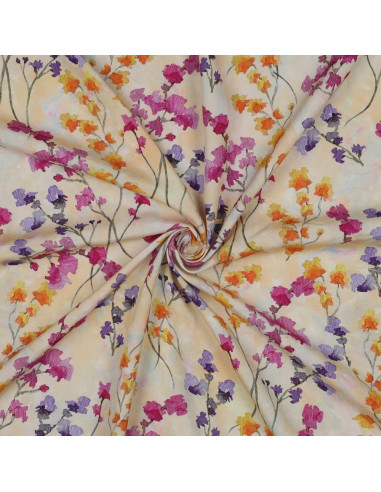 Tissu, Impression Digitale Fleurie, Roses Mauves Oranges sur Fond Jaune Clair, Laize 140 cm, 100% Viscose 110g/m²