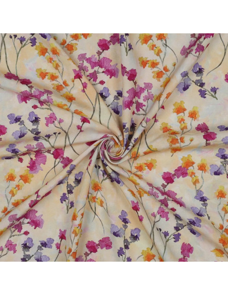 Tissu, Impression Digitale Fleurie, Roses Mauves Oranges sur Fond Jaune Clair, Laize 140 cm, 100% Viscose 110g/m²