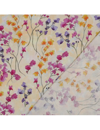 Tissu, Impression Digitale Fleurie, Roses Mauves Oranges sur Fond Jaune Clair, Laize 140 cm, 100% Viscose 110g/m²