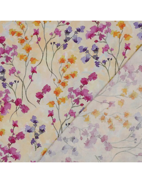 Tissu, Impression Digitale Fleurie, Roses Mauves Oranges sur Fond Jaune Clair, Laize 140 cm, 100% Viscose 110g/m²