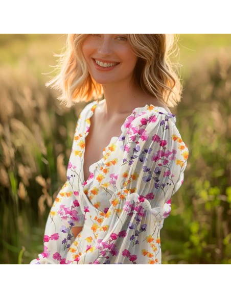 Tissu, Impression Digitale Fleurie, Roses Mauves Oranges sur Fond Jaune Clair, Laize 140 cm, 100% Viscose 110g/m²