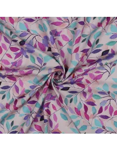 Tissu, Viscose Impression Digitale, Feuilles Violettes et Vertes sur Rose Poudré, Laize 140 cm, 100% Viscose 110g/m² 2