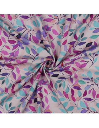 Tissu, Viscose Impression Digitale, Feuilles Violettes et Vertes sur Rose Poudré, Laize 140 cm, 100% Viscose 110g/m²