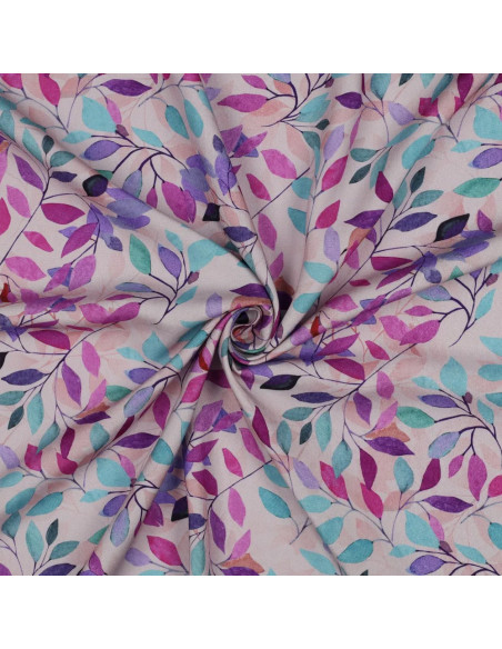 Tissu, Viscose Impression Digitale, Feuilles Violettes et Vertes sur Rose Poudré, Laize 140 cm, 100% Viscose 110g/m²