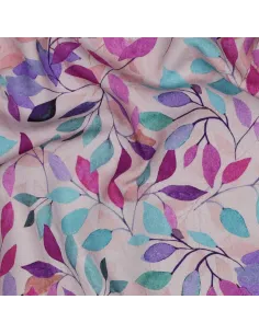 Tissu, Viscose Impression Digitale, Feuilles Violettes et Vertes sur Rose Poudré, Laize 140 cm, 100% Viscose 110g/m²