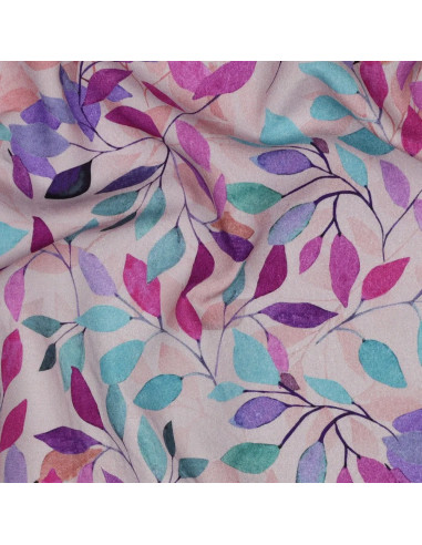 Tissu, Viscose Impression Digitale, Feuilles Violettes et Vertes sur Rose Poudré, Laize 140 cm, 100% Viscose 110g/m²
