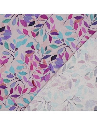 Tissu, Viscose Impression Digitale, Feuilles Violettes et Vertes sur Rose Poudré, Laize 140 cm, 100% Viscose 110g/m²
