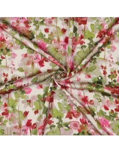Tissu, Satin de Viscose Fleuri, Vert Kaki et Rose, Laize 140 cm, 100% Viscose 120g/m² 2