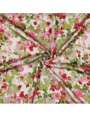 Tissu, Satin de Viscose Fleuri, Vert Kaki et Rose, Laize 140 cm, 100% Viscose 120g/m²