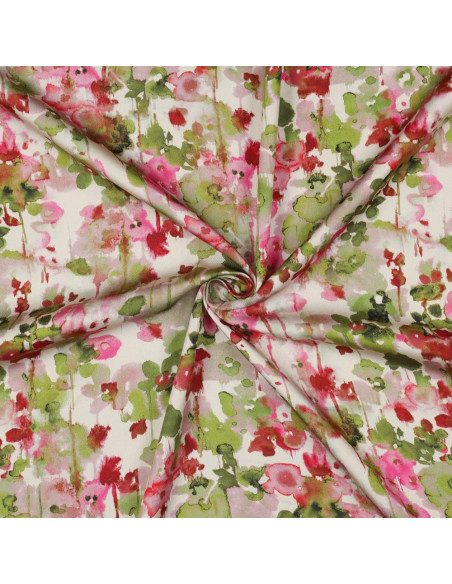 Tissu, Satin de Viscose Fleuri, Vert Kaki et Rose, Laize 140 cm, 100% Viscose 120g/m²