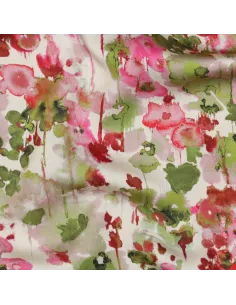 Tissu, Satin de Viscose Fleuri, Vert Kaki et Rose, Laize 140 cm, 100% Viscose 120g/m²