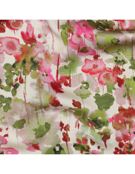 Tissu, Satin de Viscose Fleuri, Vert Kaki et Rose, Laize 140 cm, 100% Viscose 120g/m²