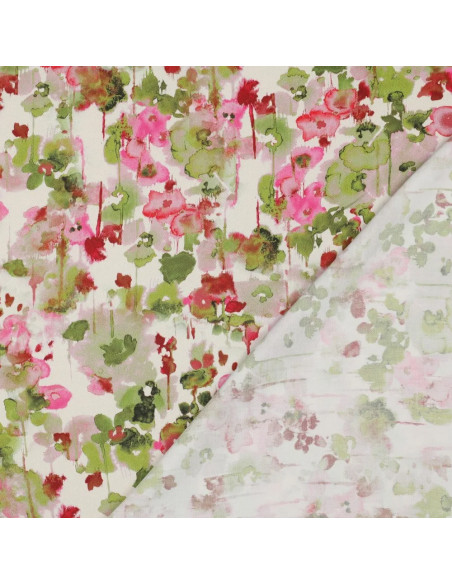 Tissu, Satin de Viscose Fleuri, Vert Kaki et Rose, Laize 140 cm, 100% Viscose 120g/m²