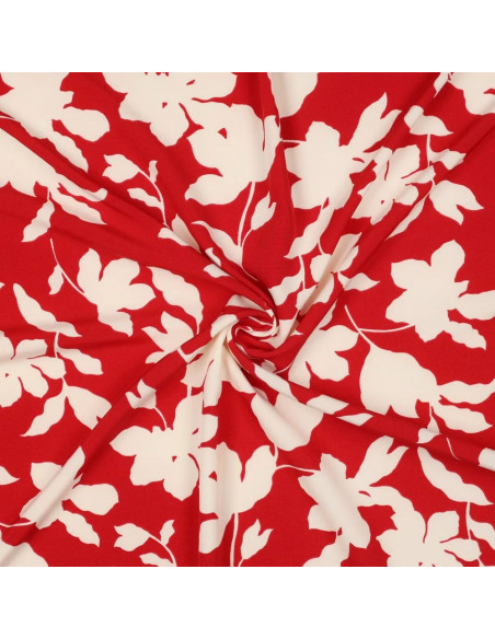Tissu, Microfibre Stretch Fleurs, Rouge Écru, Laize 145 cm, 95% Polyester 5% Élasthanne