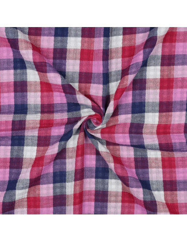 Tissu, Double Gaze Réversible Grands & Petits Carreaux Vichy, Rose, Bleu & Bleu Marine, Laize 135 cm, 100% Coton 110g/m²