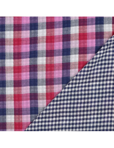 Tissu, Double Gaze Réversible Grands & Petits Carreaux Vichy, Rose, Bleu & Bleu Marine, Laize 135 cm, 100% Coton 110g/m²