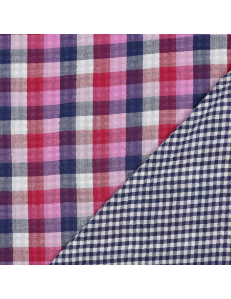 Tissu, Double Gaze Réversible Grands & Petits Carreaux Vichy, Rose, Bleu & Bleu Marine, Laize 135 cm, 100% Coton 110g/m²