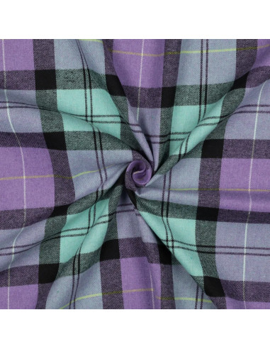 Tissu, Tartan Écossais Brossé Jacquard, Mauve Profond et Vert Forêt, Laize 145 cm, Polyester et Coton 150g/m²