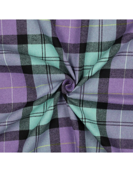 Tissu, Tartan Écossais Brossé Jacquard, Mauve Profond et Vert Forêt, Laize 145 cm, Polyester et Coton 150g/m²