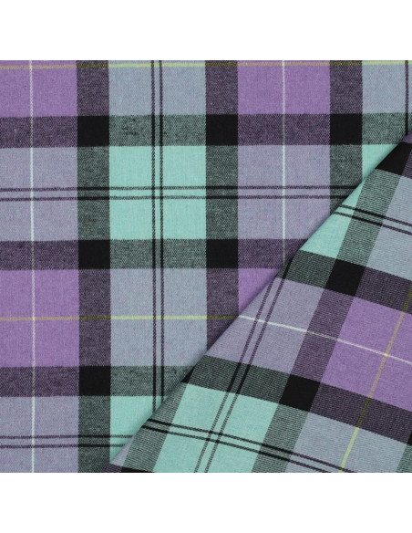 Tissu, Tartan Écossais Brossé Jacquard, Mauve Profond et Vert Forêt, Laize 145 cm, Polyester et Coton 150g/m²
