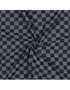 Tissu, Jacquard Denim Damier, Blanc et Marine, Laize 155 cm, 75% Coton 25% Polyester 330g/m² 2