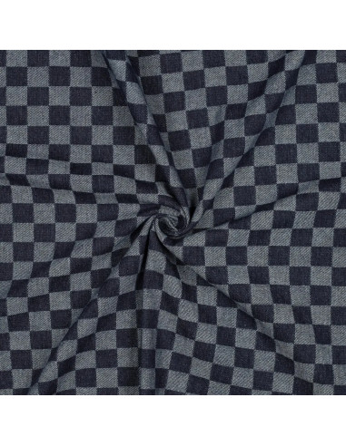 Tissu, Jacquard Denim Damier, Blanc et Marine, Laize 155 cm, 75% Coton 25% Polyester 330g/m²