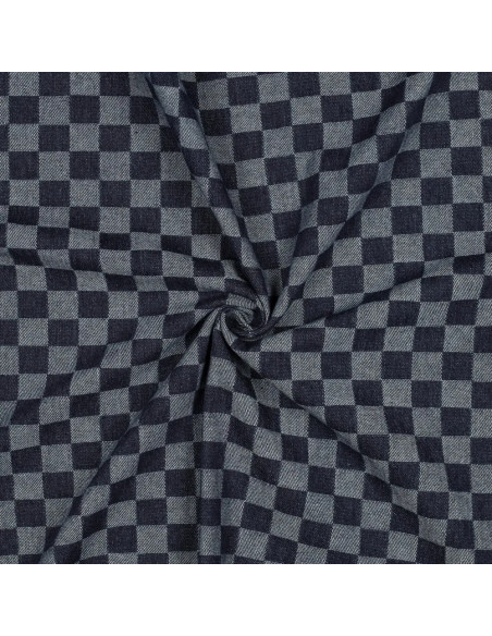Tissu, Jacquard Denim Damier, Blanc et Marine, Laize 155 cm, 75% Coton 25% Polyester 330g/m²