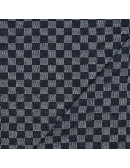 Tissu, Jacquard Denim Damier, Blanc et Marine, Laize 155 cm, 75% Coton 25% Polyester 330g/m²