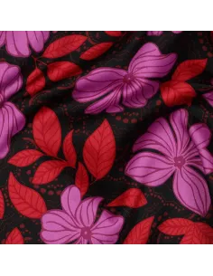 Tissu, Satin de Coton Imprimé, Fleurs Mauves et Rouges sur Fond Noir, Laize 148 cm, 100% Coton 115g/m²