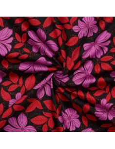 Tissu, Satin de Coton Imprimé, Fleurs Mauves et Rouges sur Fond Noir, Laize 148 cm, 100% Coton 115g/m² 2